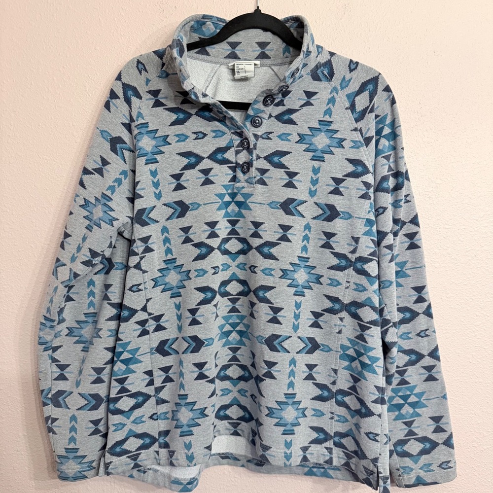Ariat REAL Womens Blue Southwestern Geometric Fleece Button Neck Sweatshirt L